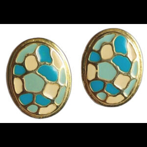 Women's Oval Turquoise Pink Hook Stud Earrings Gold Tone Retro Classic Lobe